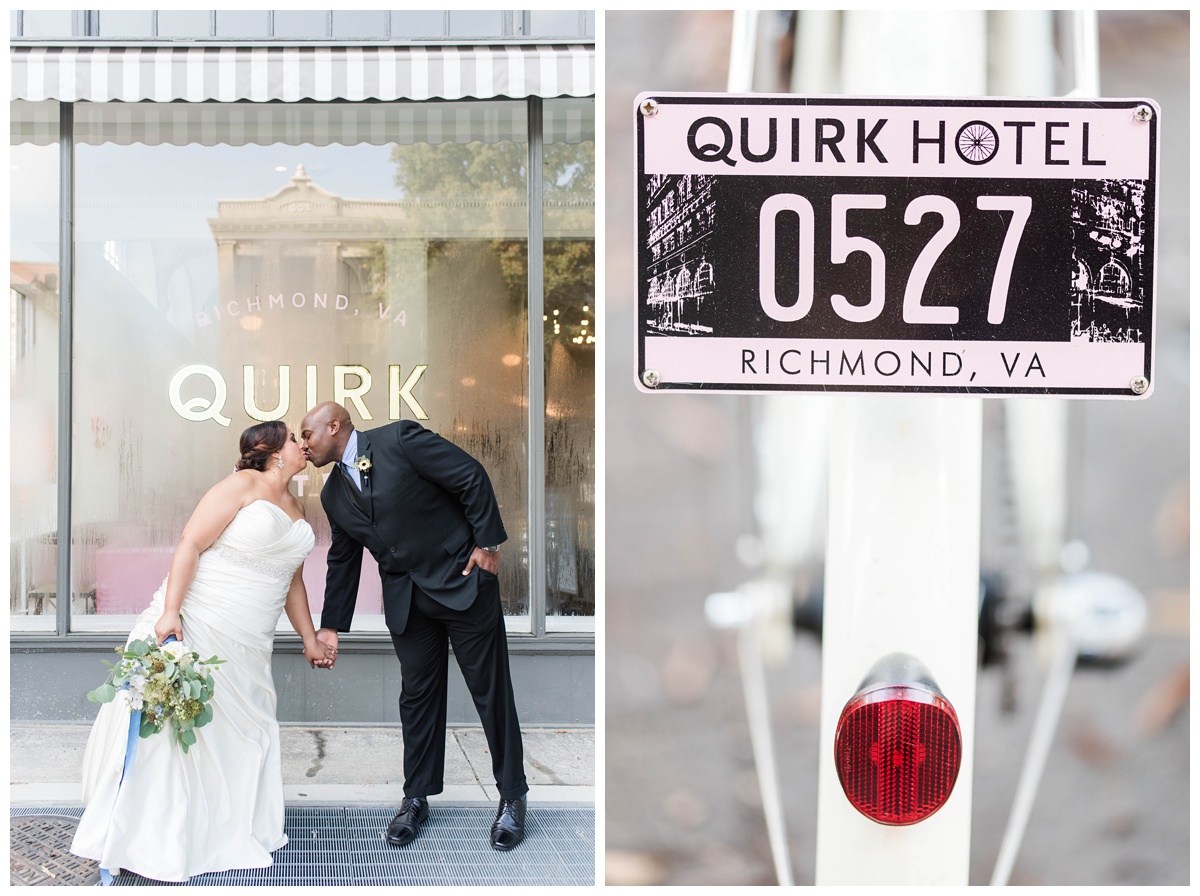 shades of blue wedding inspiration at quirk hotel in richmond virginia by rva wedding photographer sarah & dave photography bride and groom sitting on iconic quirk hotel couch rva virginia wedding blue wedding inspo ideas quirk hotel license plate sign inspo