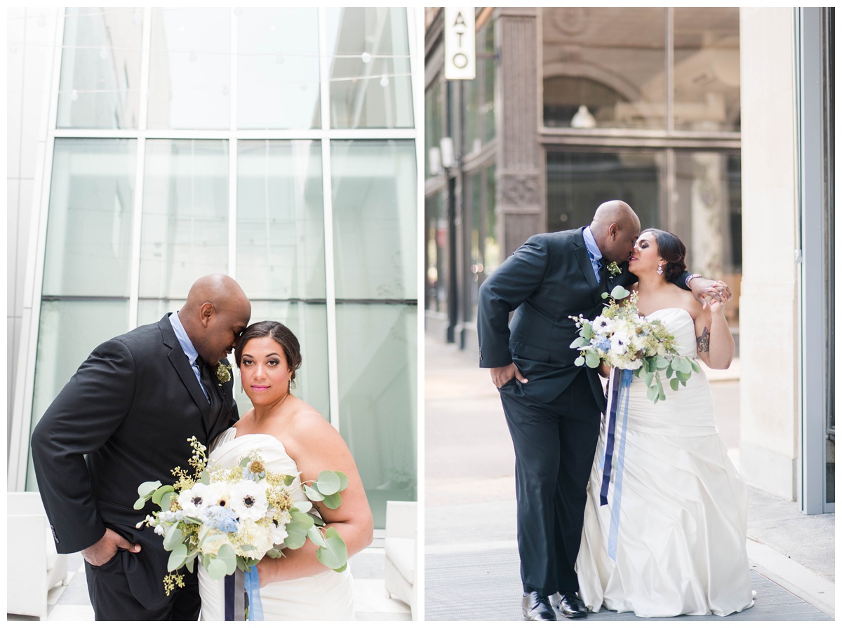 shades of blue wedding inspiration at quirk hotel in richmond virginia by rva wedding photographer sarah & dave photography bride and groom sitting on iconic quirk hotel couch rva virginia wedding blue wedding inspo ideas