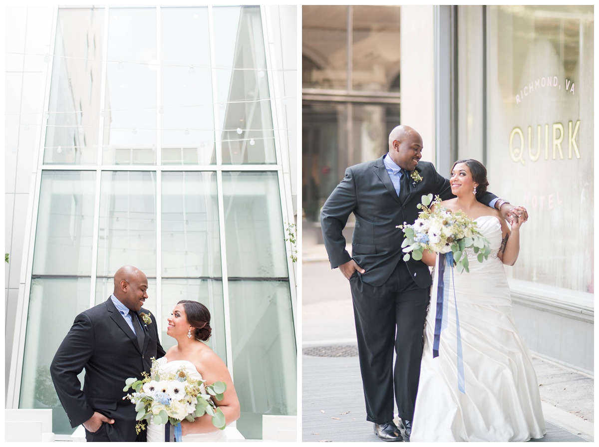 shades of blue wedding inspiration at quirk hotel in richmond virginia by rva wedding photographer sarah & dave photography quirk hotel richmond virginia outside inside wedding venue photo inspiration and bridal bouquet flowers bride and groom formal portrait kissing