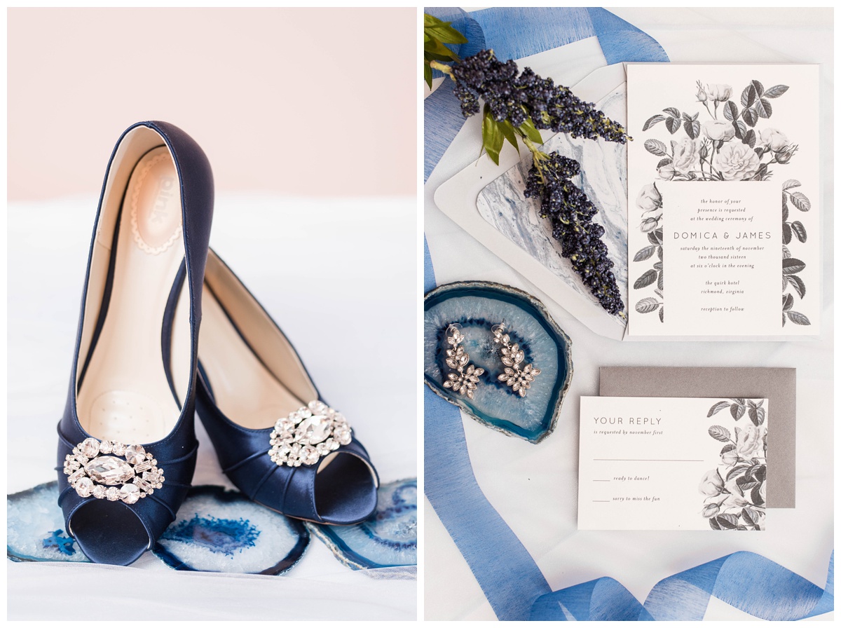shades of blue wedding inspiration at quirk hotel in richmond virginia by rva wedding photographer sarah & dave photography bride and groom sitting on iconic quirk hotel couch rva virginia wedding blue wedding inspo ideas invitation suite trio grayscale black and white florals print marble accents paper blue peep toe wedding shoes with jewels 