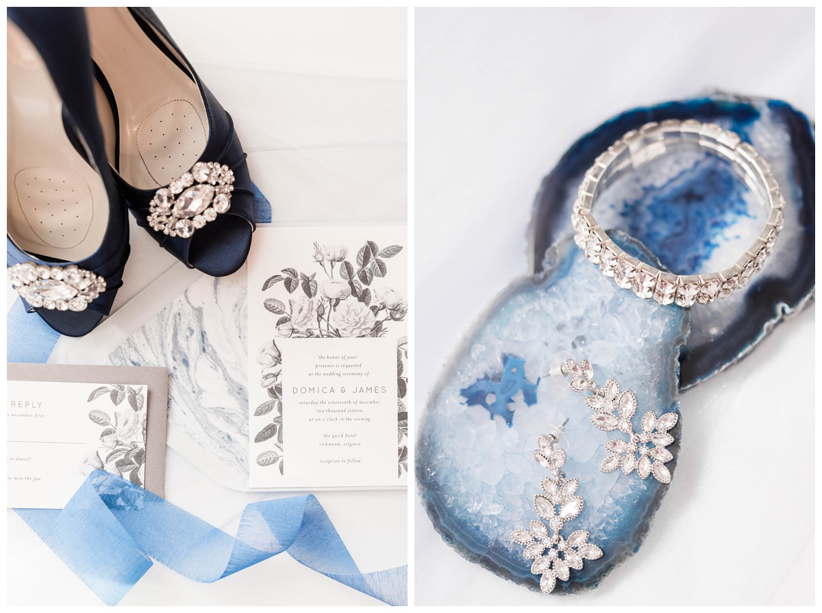 shades of blue wedding inspiration at quirk hotel in richmond virginia by rva wedding photographer sarah & dave photography bride and groom sitting on iconic quirk hotel couch rva virginia wedding blue wedding inspo ideas invitation suite trio grayscale black and white florals print marble accents paper blue peep toe wedding shoes with jewels bridal jewelry display ideas
