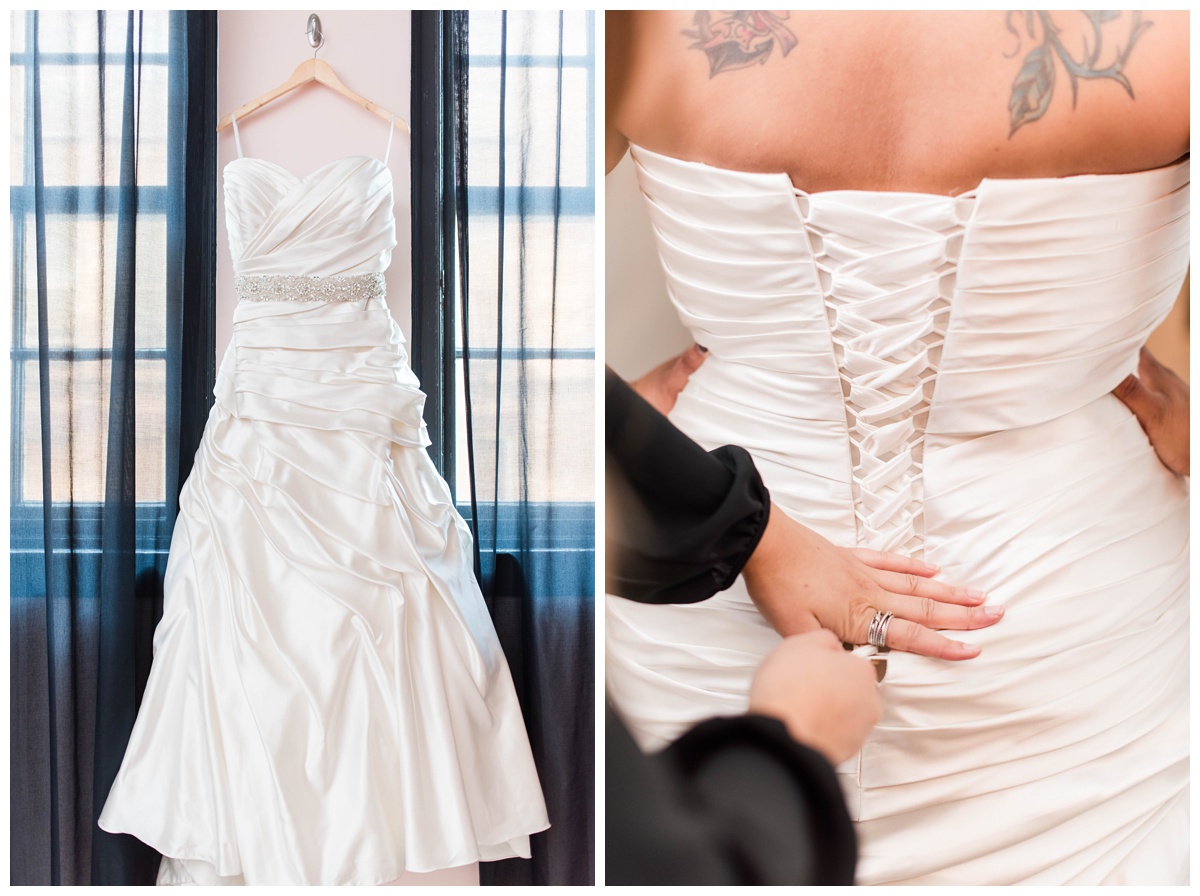 shades of blue wedding inspiration at quirk hotel in richmond virginia by rva wedding photographer sarah & dave photography bride getting ready and wedding bridal gown dress sweetheart neckline strapless closeup photo inspiration