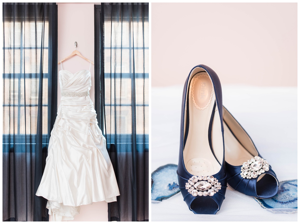 shades of blue wedding inspiration at quirk hotel in richmond virginia by rva wedding photographer sarah & dave photography bridal wedding dress gown rouched bodice jeweled belt accessory strapless sweetheart neckline wedding dress white bridal details ideas and shades of blue wedding inspiration at quirk hotel in richmond virginia by rva wedding photographer sarah & dave photography blue jeweled bridal shoes with peep toe and geodes