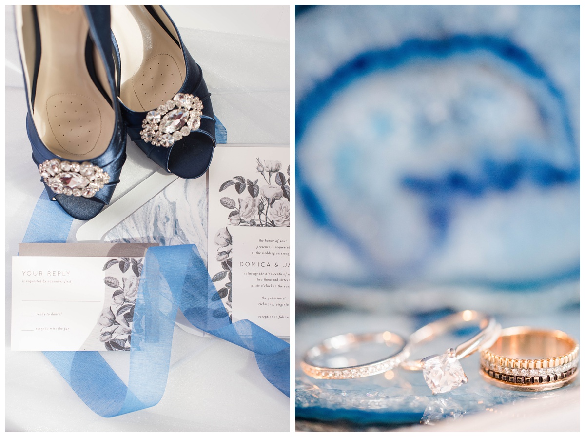 shades of blue wedding inspiration at quirk hotel in richmond virginia by rva wedding photographer sarah & dave photography bride and groom sitting on iconic quirk hotel couch rva virginia wedding blue wedding inspo ideas invitation suite trio grayscale black and white florals print marble accents paper blue peep toe wedding shoes with jewels wedding ring suite trio display ideas