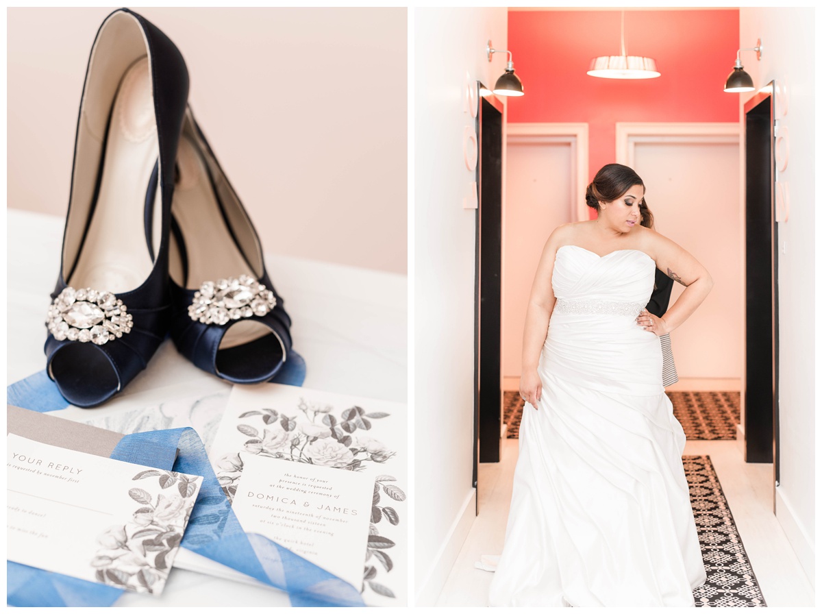 shades of blue wedding inspiration at quirk hotel in richmond virginia by rva wedding photographer sarah & dave photography bride getting ready and bridal shoes navy blue peep toe and jewels and wedding invitation suite flatlay photo inspiration