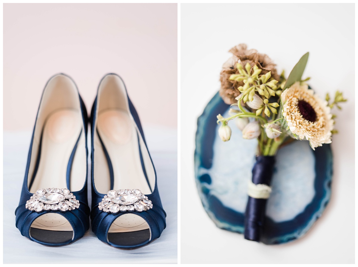 shades of blue wedding inspiration at quirk hotel in richmond virginia by rva wedding photographer sarah & dave photography bride and groom sitting on iconic quirk hotel couch rva virginia wedding blue wedding inspo ideas invitation suite trio grayscale black and white florals print marble accents paper blue peep toe wedding shoes with jewels sunflower and blue wedding flower bouquet