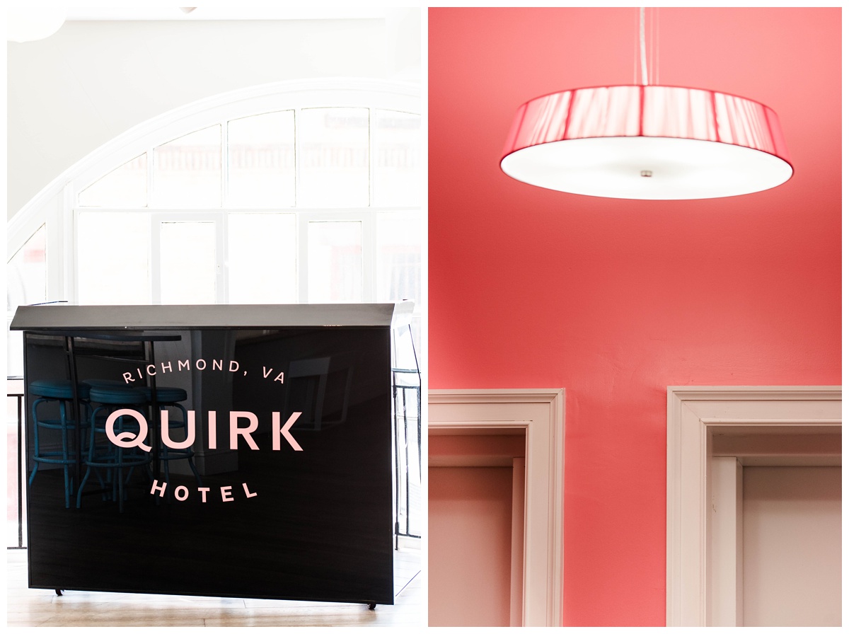 shades of blue wedding inspiration at quirk hotel in richmond virginia by rva wedding photographer sarah & dave photography quirk hotel richmond virginia outside inside wedding venue photo inspiration quirk hotel sign bright pink wall color hall