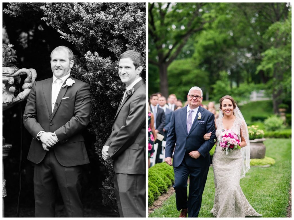 may wedding at oatlands historic house and gardens in the spring by sarah & dave photography richmond wedding photographer photo of bride and father of the bride walking down aisle and groom and best man looking