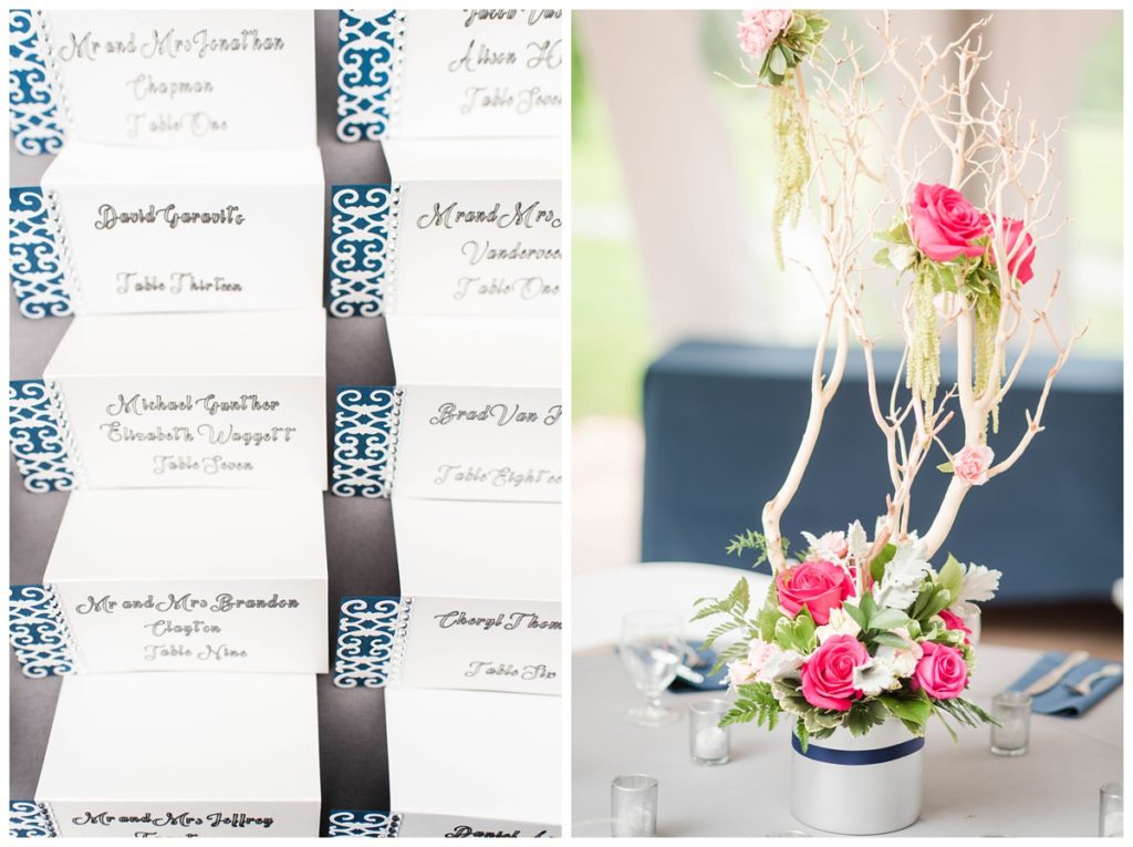 may wedding at oatlands historic house and gardens in the spring pink blue and silver wedding colors bride and groom smiling at each other by sarah and dave photography richmond wedding photographer wedding reception decor pink and blue table centerpieces and name cards 
