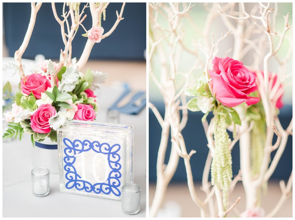 may wedding at oatlands historic house and gardens in the spring pink blue and silver wedding colors bride and groom smiling at each other by sarah and dave photography richmond wedding photographer floral and twig pink and blue table centerpieces