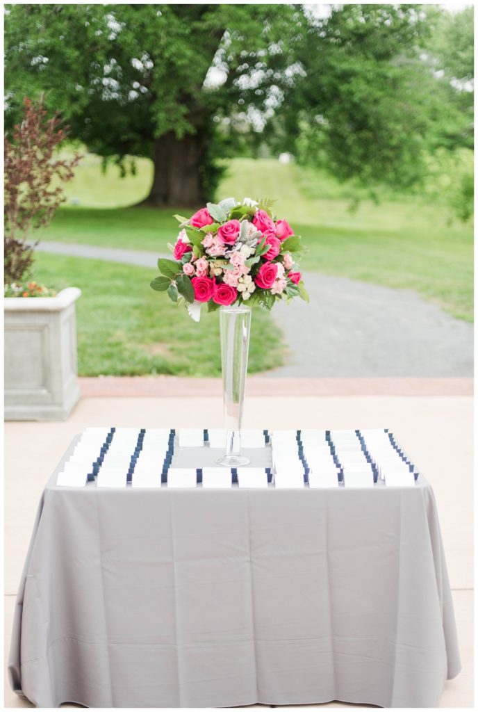 may wedding at oatlands historic house and gardens in the spring pink blue and silver wedding colors bride and groom smiling at each other by sarah and dave photography richmond wedding photographer seating chart escort name cards table with floral arrangement outdoors