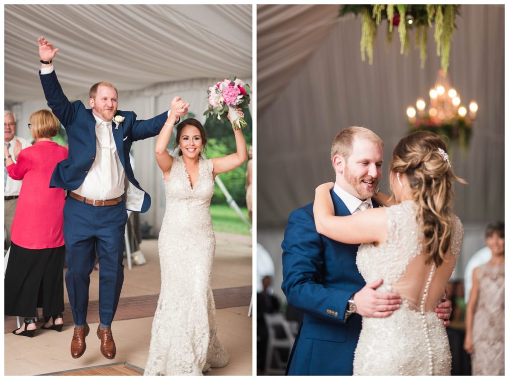 may wedding at oatlands historic house and gardens in the spring pink blue and silver wedding colors bride and groom smiling at each other by sarah and dave photography richmond wedding photographer bride and groom first dance and entrance