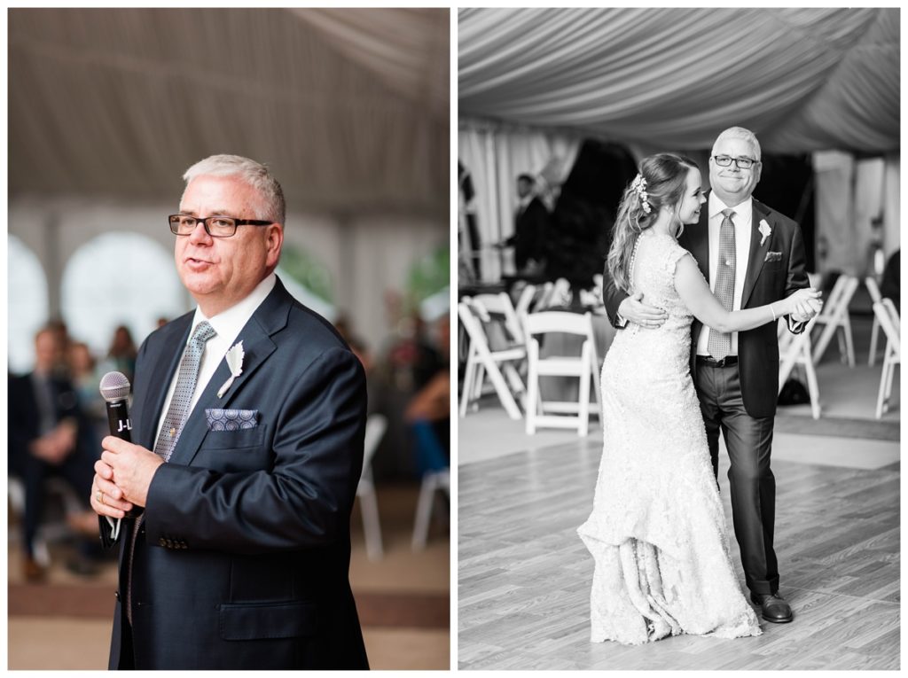 may wedding at oatlands historic house and gardens in the spring pink blue and silver wedding colors bride and groom smiling at each other by sarah and dave photography richmond wedding photographer toast photo and father daughter first dance photo 