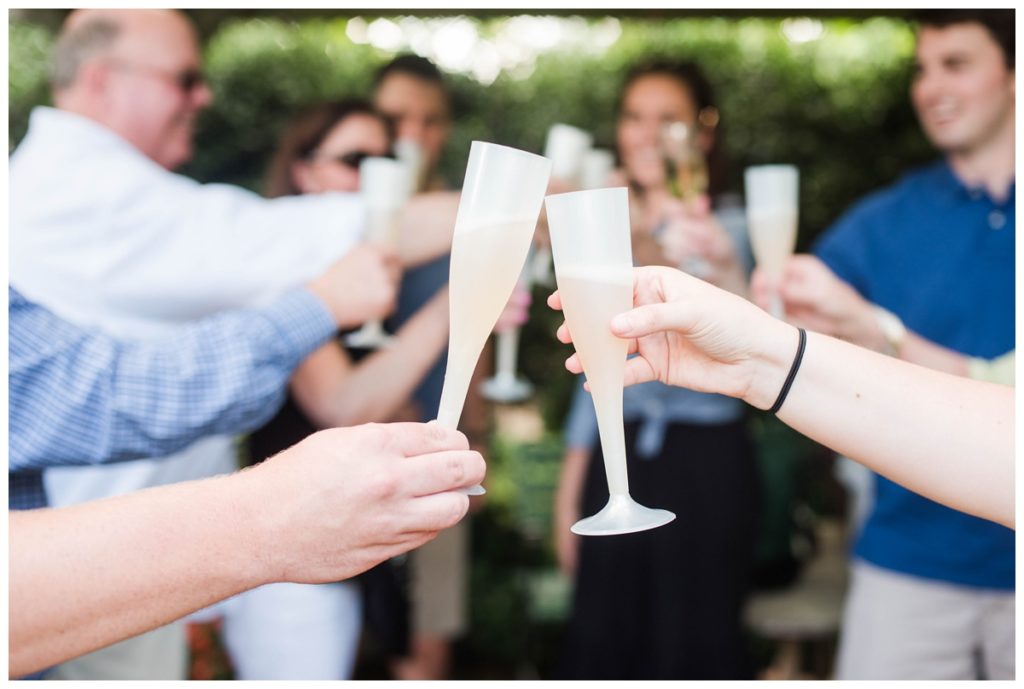 Summer Tudor Place Engagement in Washington DC by Sarah and Dave Photography toasting champagne glasses