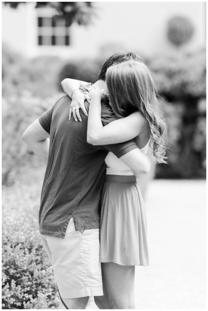 Summer Tudor Place Engagement in Washington DC by Sarah and Dave Photography couple hugging black and white photo