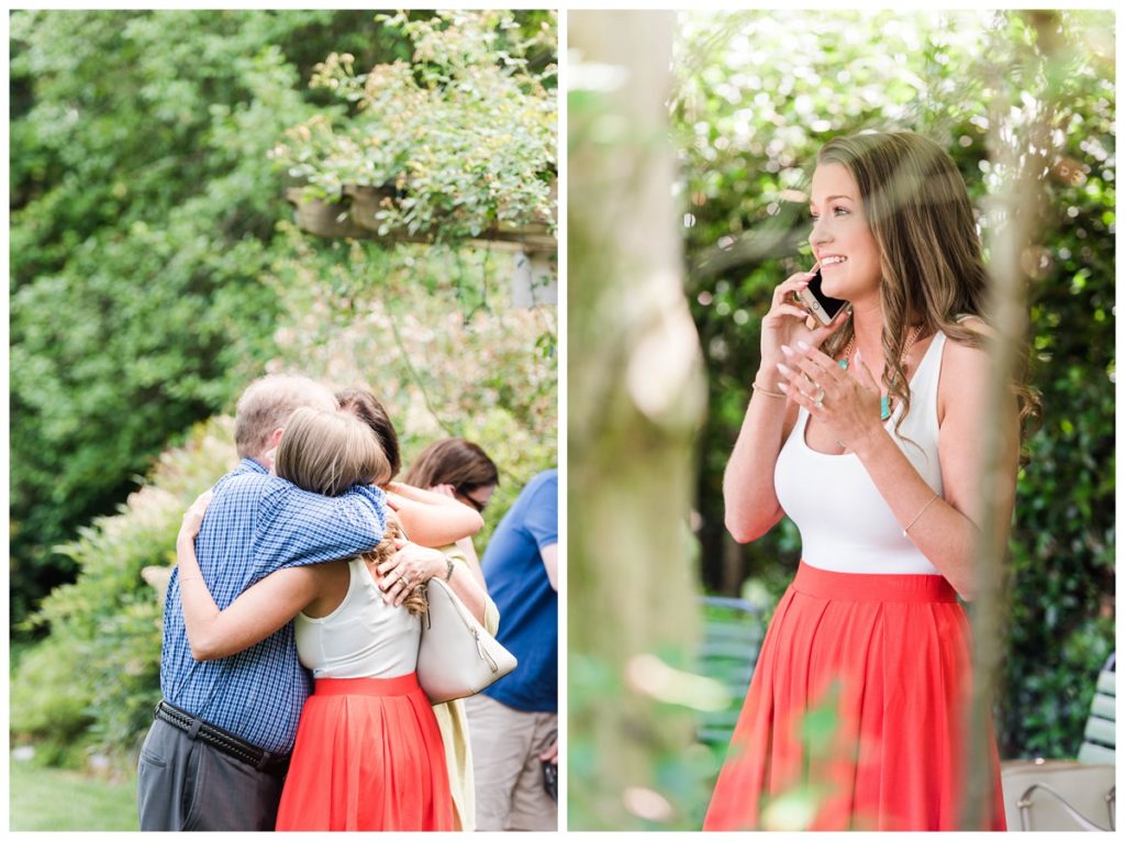 Summer Tudor Place Engagement in Washington DC by Sarah and Dave Photography hugging and talking on the phone 