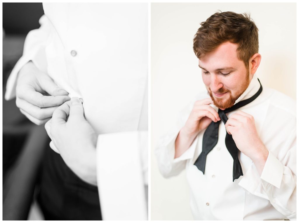 branch museum wedding in richmond va by rva wedding photographer sarah & dave photography groom buttoning shirt and putting on bowtie