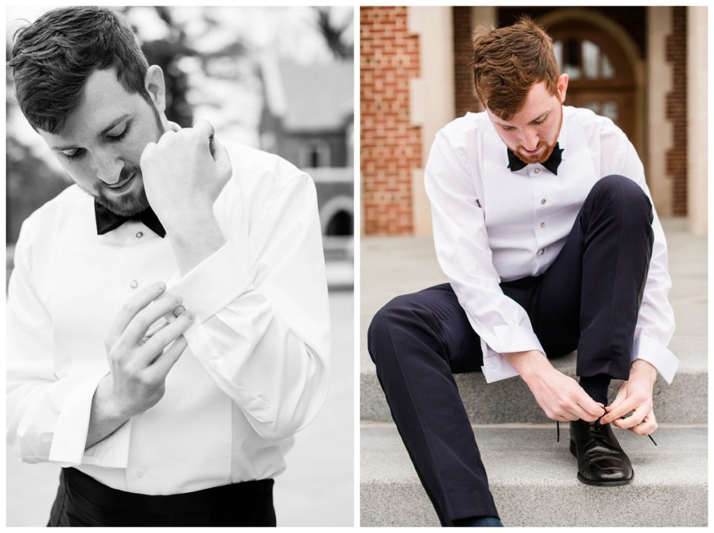 branch museum wedding in richmond va by rva wedding photographer sarah & dave photography groom putting on shoes outdoors