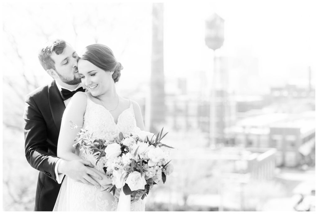 branch museum wedding in richmond va by rva wedding photographer sarah & dave photography formal portrait outdoors black and white cityscape