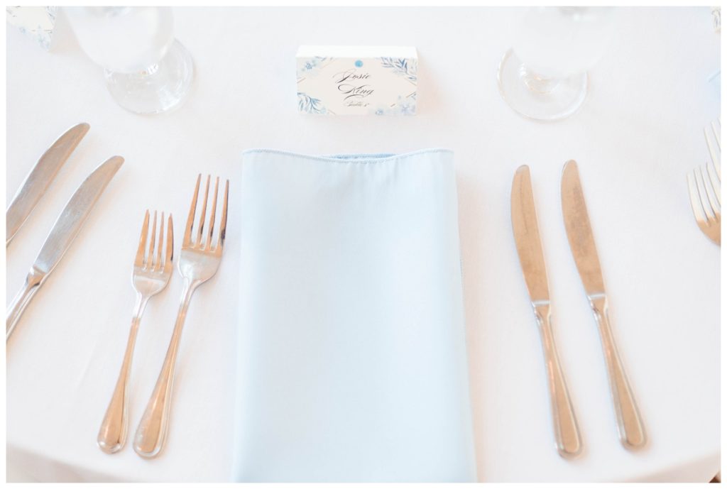 branch museum wedding in richmond va by rva wedding photographer sarah & dave photography wedding reception place setting with light blue napkin