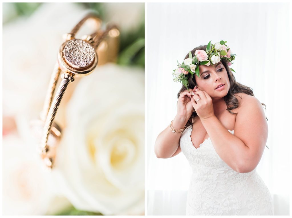bridal jewelry closeup of golden bracelet with key and bride in flower crown wearing sweetheart cut wedding dress in delaware hotel