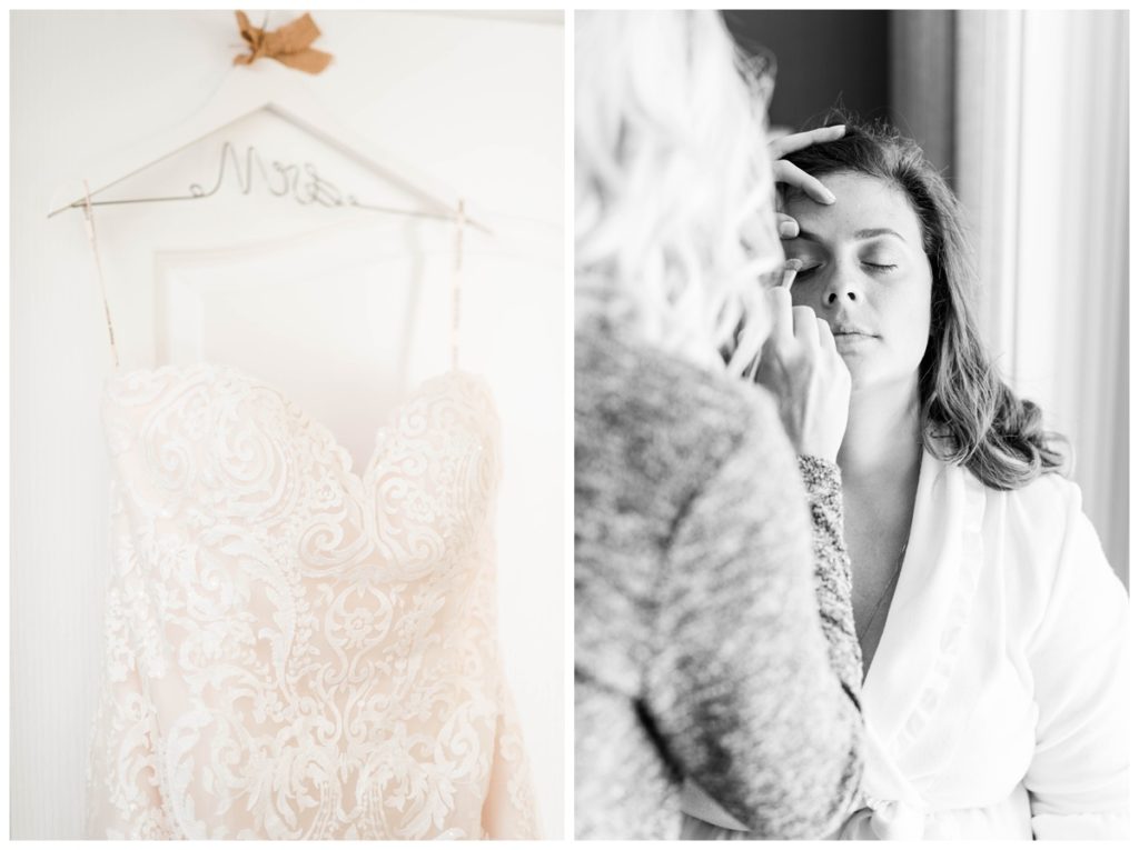 allure bridals wedding dress with sweetheart neckline and sequin bodice on hanger and bride with maryland makeup artist