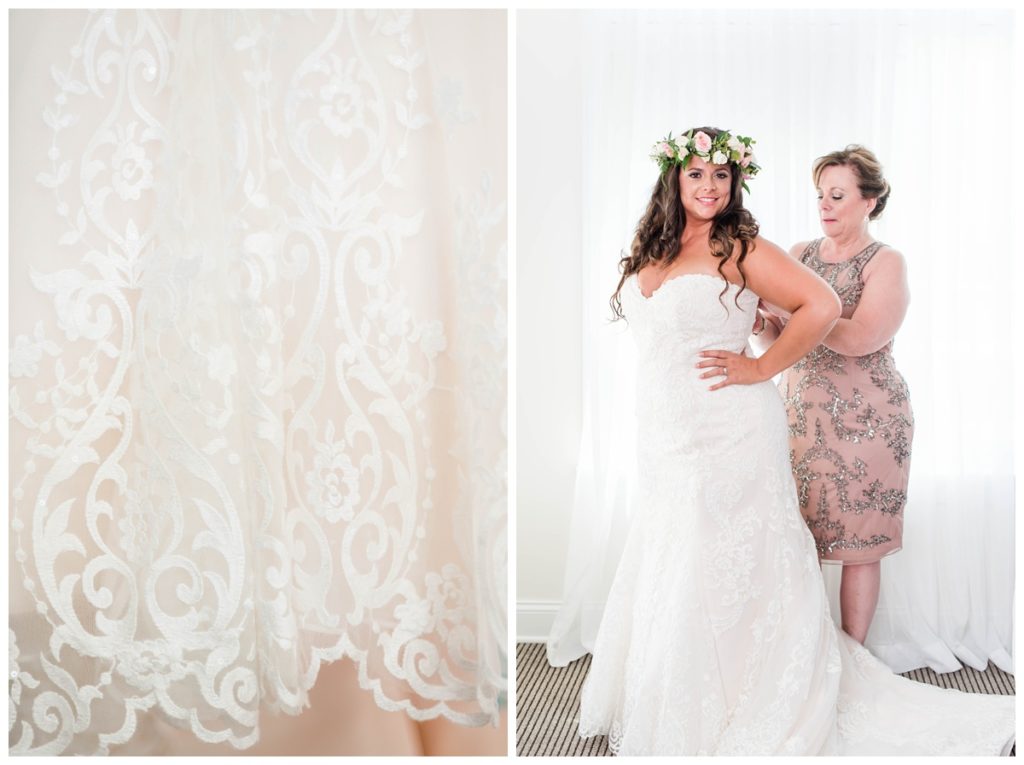 photo of intricate details on wedding dress and mother of the bride zipping up wedding dress
