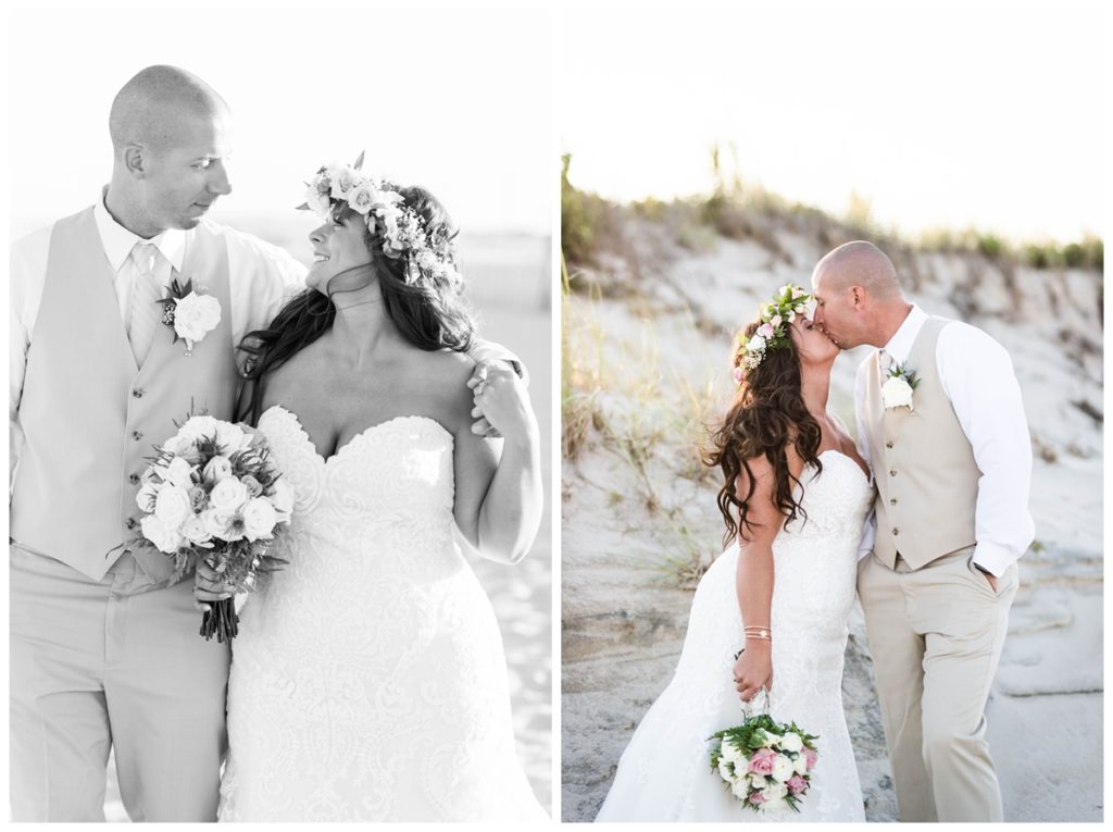 delaware beach wedding couple kissing in front of sand dunes. formal portrait wedding inspiration at the beach. photos are by sarah & dave photography, richmond virginia destination elopement proposal engagement and wedding photographer