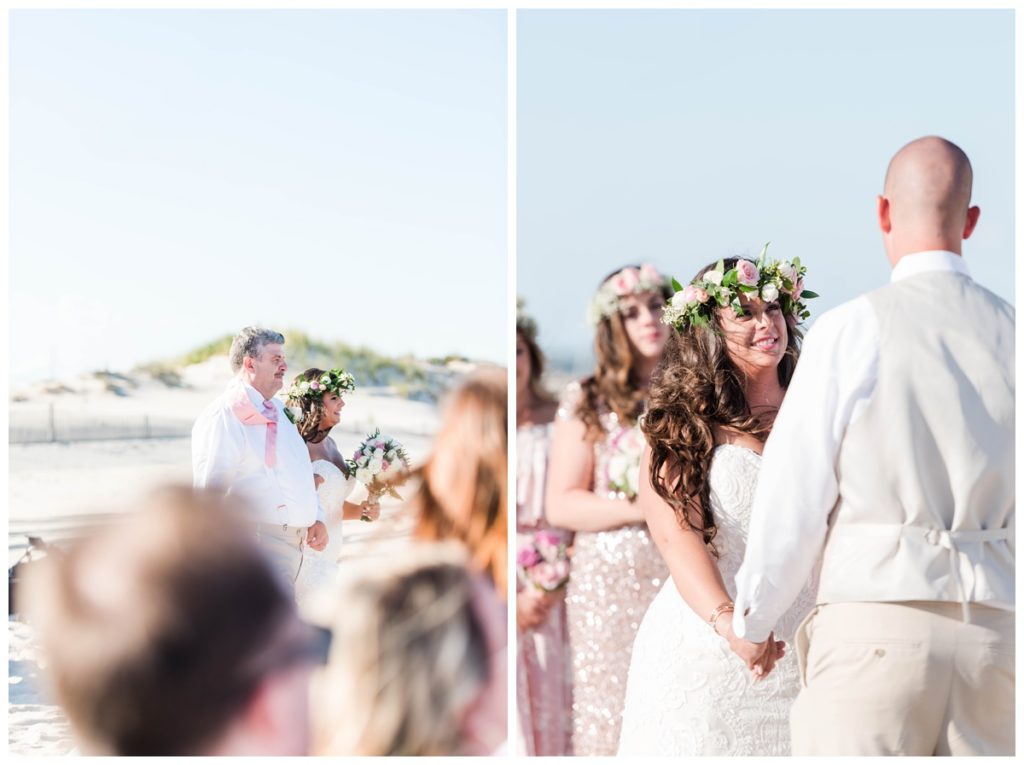 bride walking down aisle with father wearing flower crown. this romantic beach wedding in the summer was picture perfect. photos by richmond virginia beach wedding photographer, sarah & Dave photography
