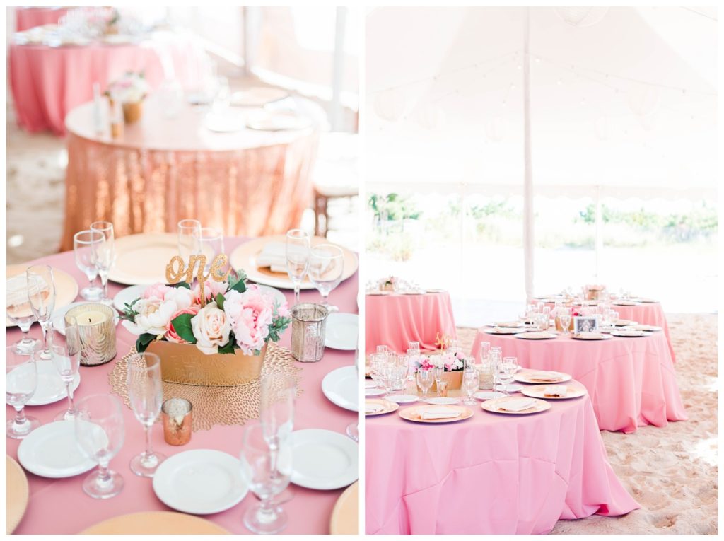 pink and gold table wedding reception inspiration at the beach in the summer by richmond destination and wedding photographer Sarah & Dave Photography