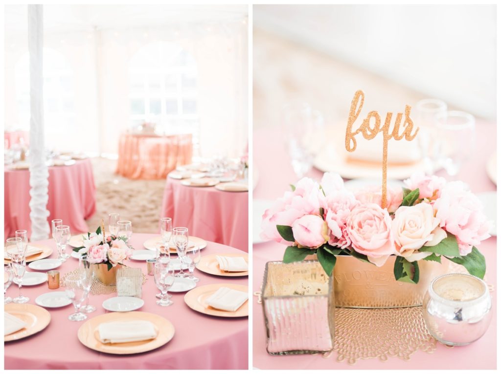pink and gold floral centerpiece and beach wedding inspiration by richmond wedding photograher Sarah & Dave Photography