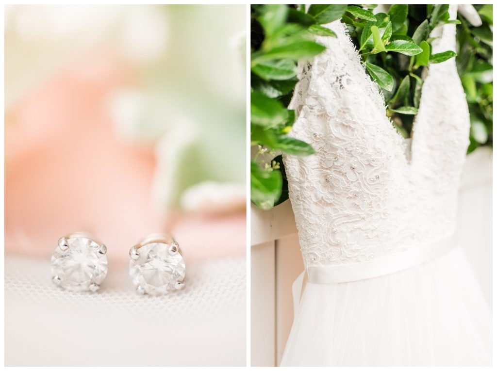 wedding dress, leaves, diamond earrings. simple, elegant, photography.