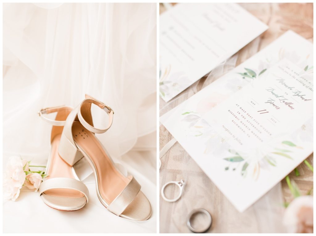 nude bridal heels and wedding invites. new take on flatlay. for someone with a budget.