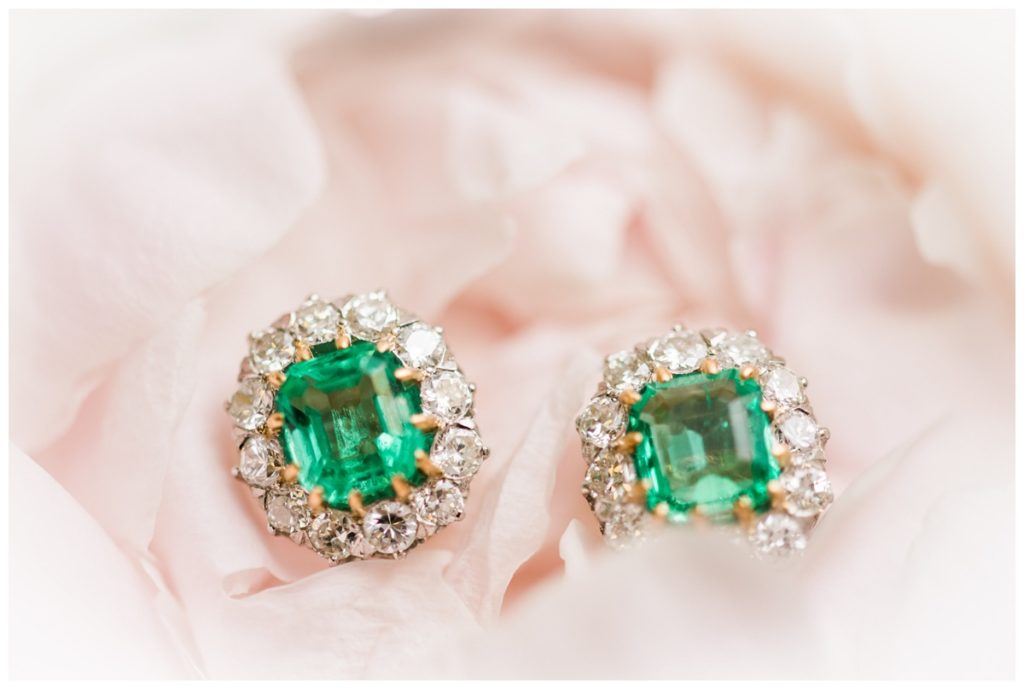 green and diamond earrings with pink flowers photo