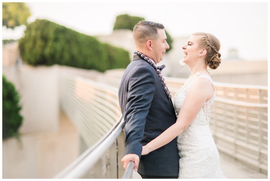 photo of couple laughing at VMFA wedding venue in the summer