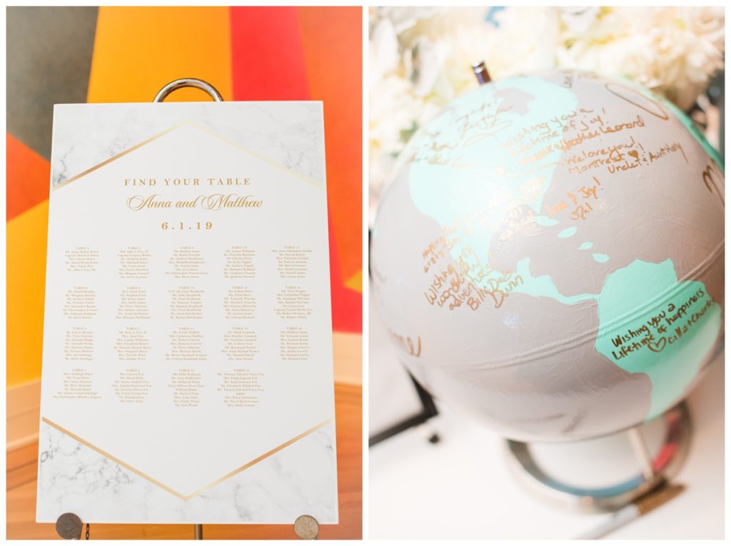 globe guest book in gray and blue teal and geometric shape escort cards seating arrangement in gold