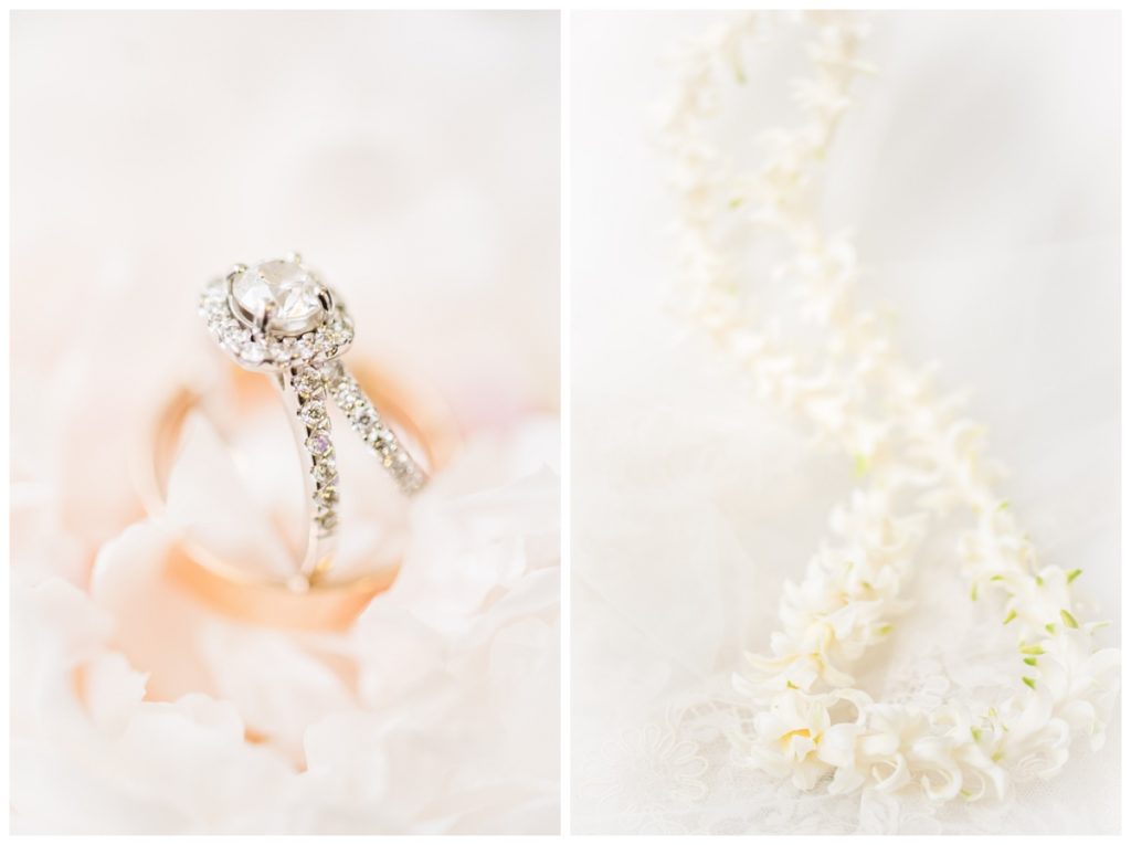 hawaiian lei and wedding rings and engagement ring photo with flowers closeup by virginia wedding photographer Sarah & Dave Photographer