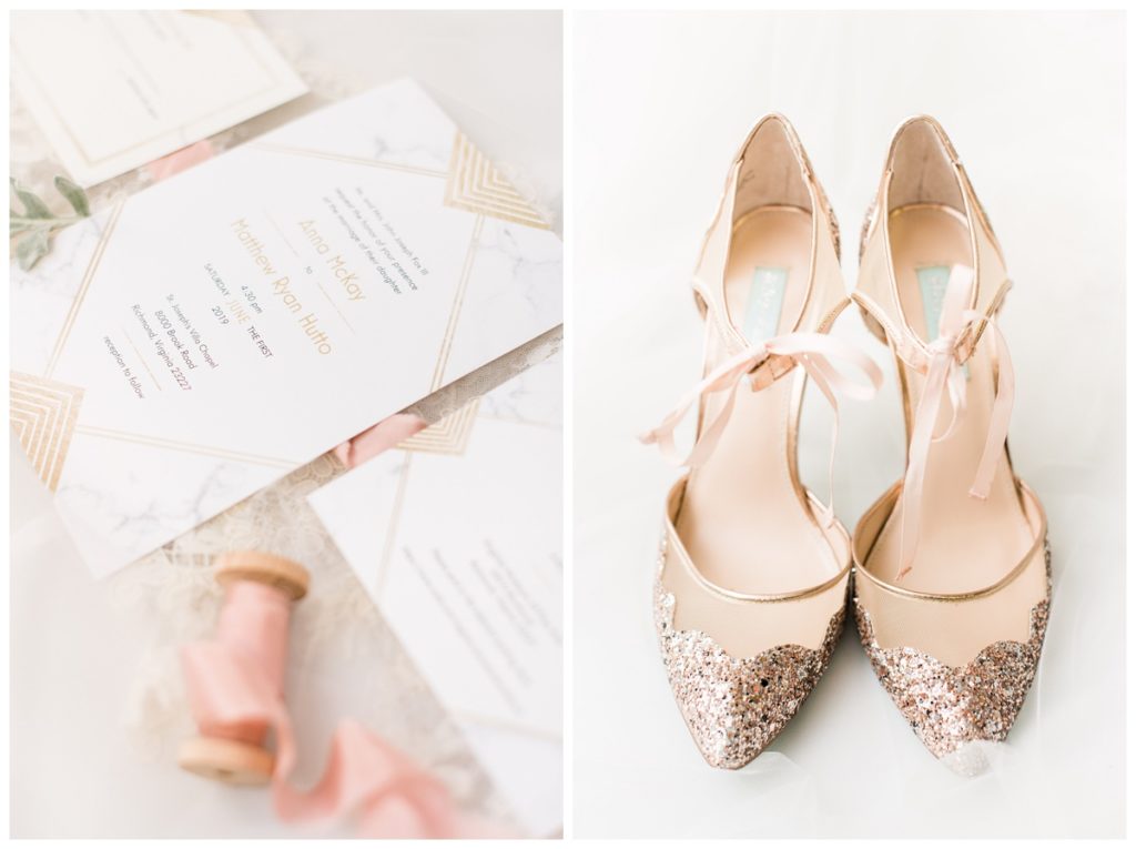 betsey johnson shoes in pink glitter and bows and wedding invitation trio photo view from the side - colors are in pink and gold with geometric shapes