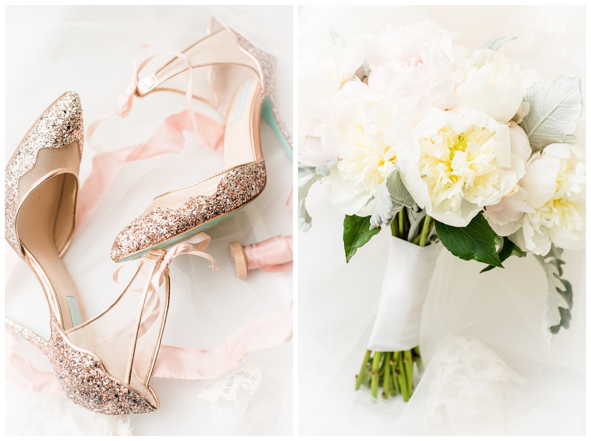pink glittery heels with teal turqoise robins egg light blue soles and white bridal bouquet with light yellow and pink flowers
