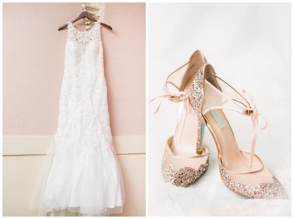 stella york wedding dress from tiffany's bridal in richmond and betsey johnson pink glittery heels with blue teal bottoms and closed toe shoes in pink with bows at ankle