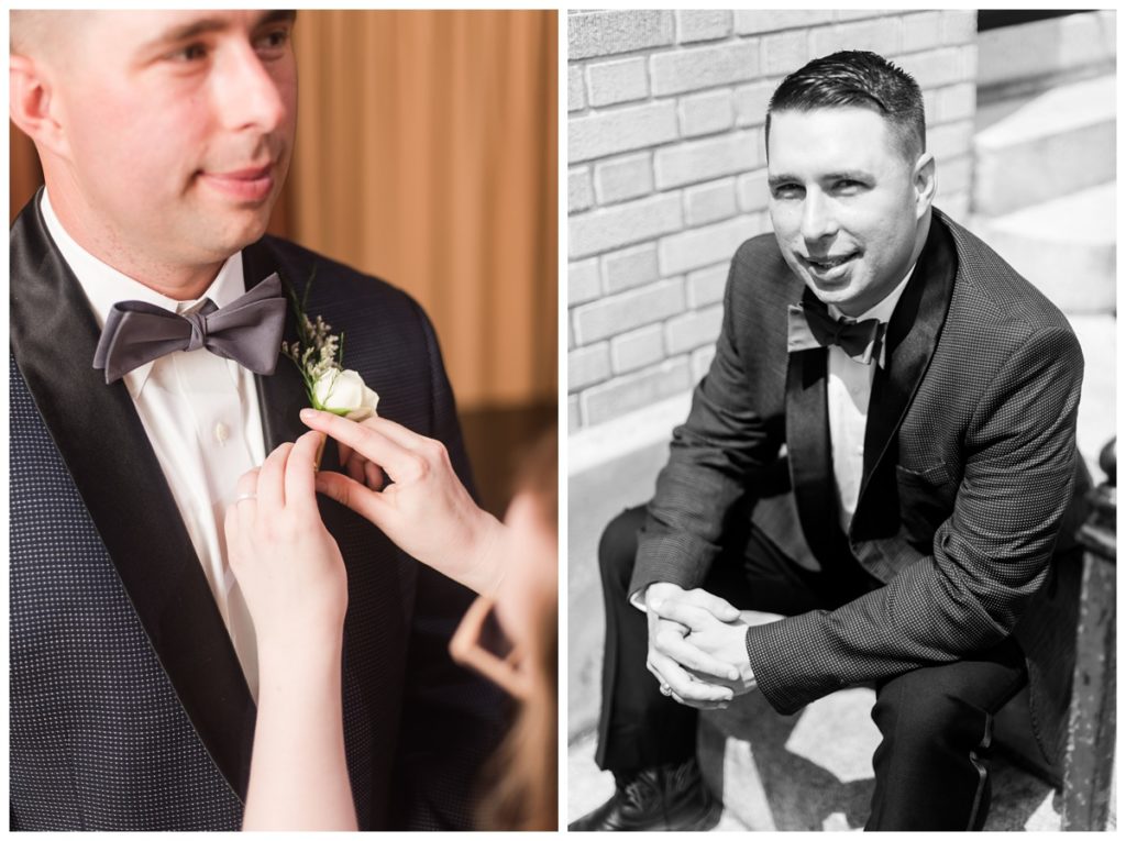 groom getting ready photo indoors and outdoors on steps wearing dark suit with polka dots and velvet collar