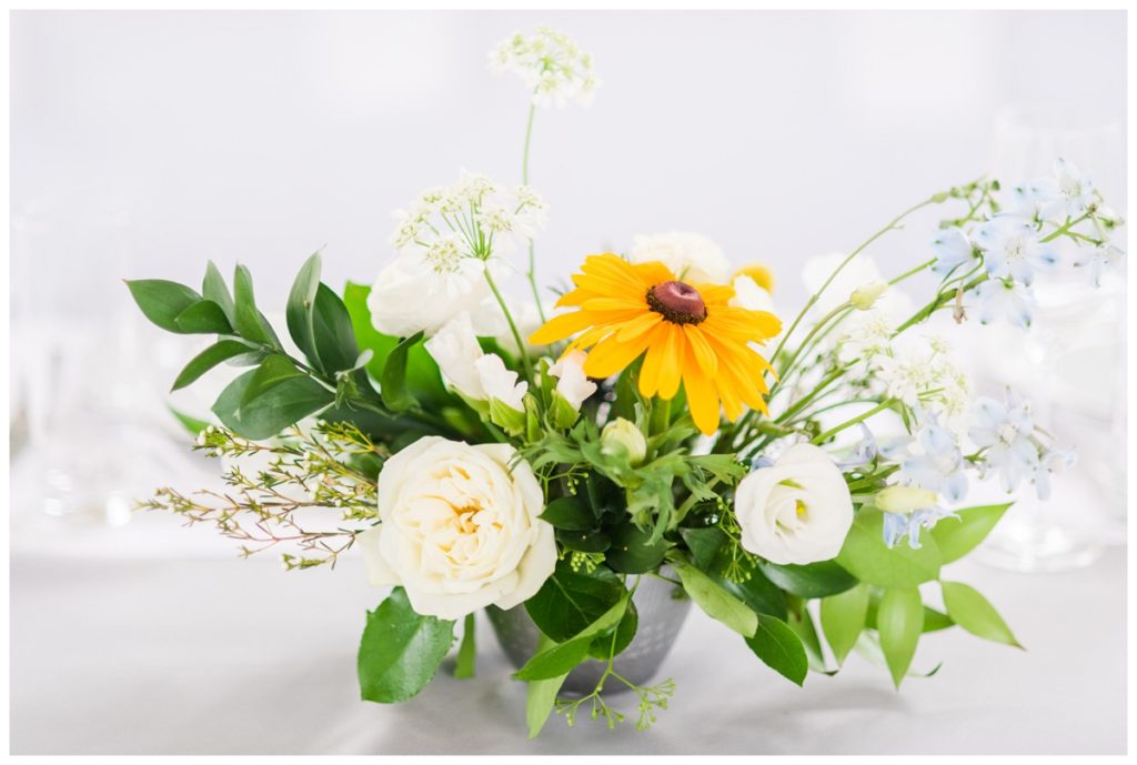 fried green tomato salad, 4" light grey gray stripe table cloths, black eyed susans floral arrangement centerpieces and place settings - the perfect wedding reception decor for an outdoor summer wedding in richmond virginia
