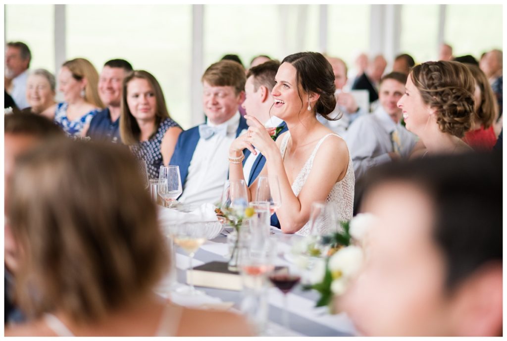 photo of couple laughing and talking during wedding reception speeches and toasts