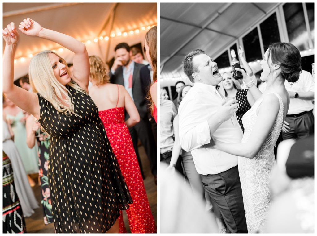 photo of bride and groom singing and dancing and woman dancing with hands raised