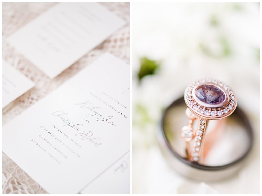 wedding invitations flatlay on lillian west wedding gown and photo of wedding rings and pink purple engagement ring on florals by richmond and central virginia wedding photographer, sarah & dave photography