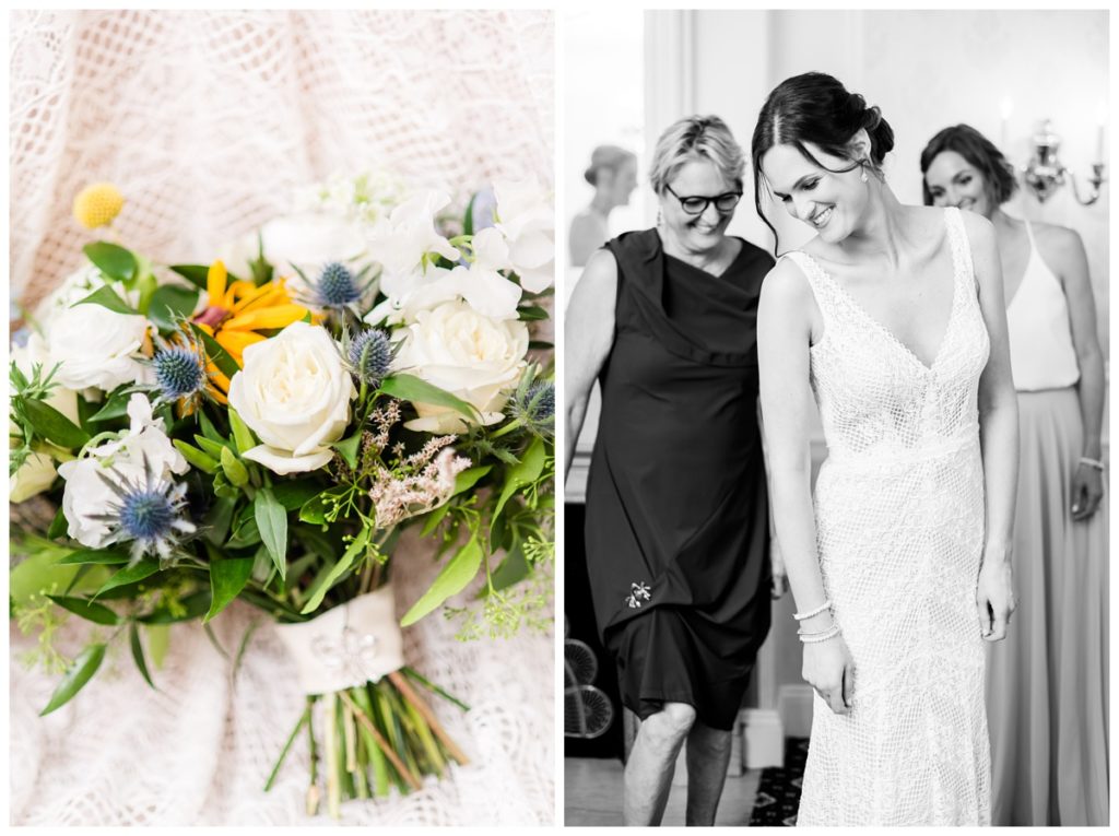 bride's bouquet of black eyed susans and wild greenery with classy white ribbon handle by amanda burnette floral design and bride getting ready - wedding detail photos at the jefferson hotel for kit and chris's summer wedding at tredegar ironworks