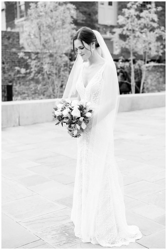 black and white formal bridal photo outside of the jefferson hotel in richmond