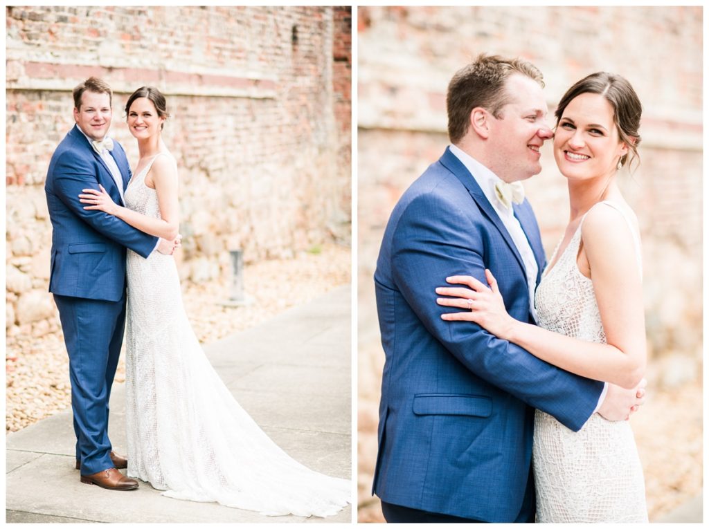 bride and groom formal portrait at historic tredegar and civil war museum wedding in the summer