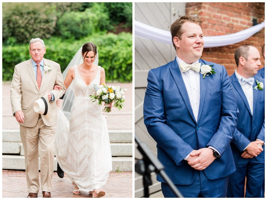 civil war museum wedding in the summer - bride walking down aisle at historic tredegar ironworks and groom smiling at his future wife - this is one of our favorite moments during the ceremony