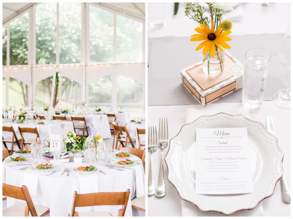 charming summer wedding at the American Civil War Museum and historic tredegar ironworks in richmond by rva and central virginia wedding photographer, sarah & dave photography - photo of wedding reception table settings, place settings, simple floral arrangements sitting on tobacco boxes, and catering menus on fancy plates